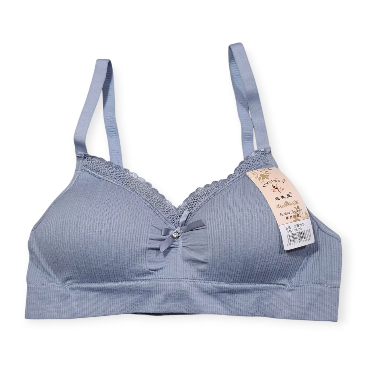 Seamless Ribbed Wireless Bra – Soft Grey Lace Trim with Bow Design
