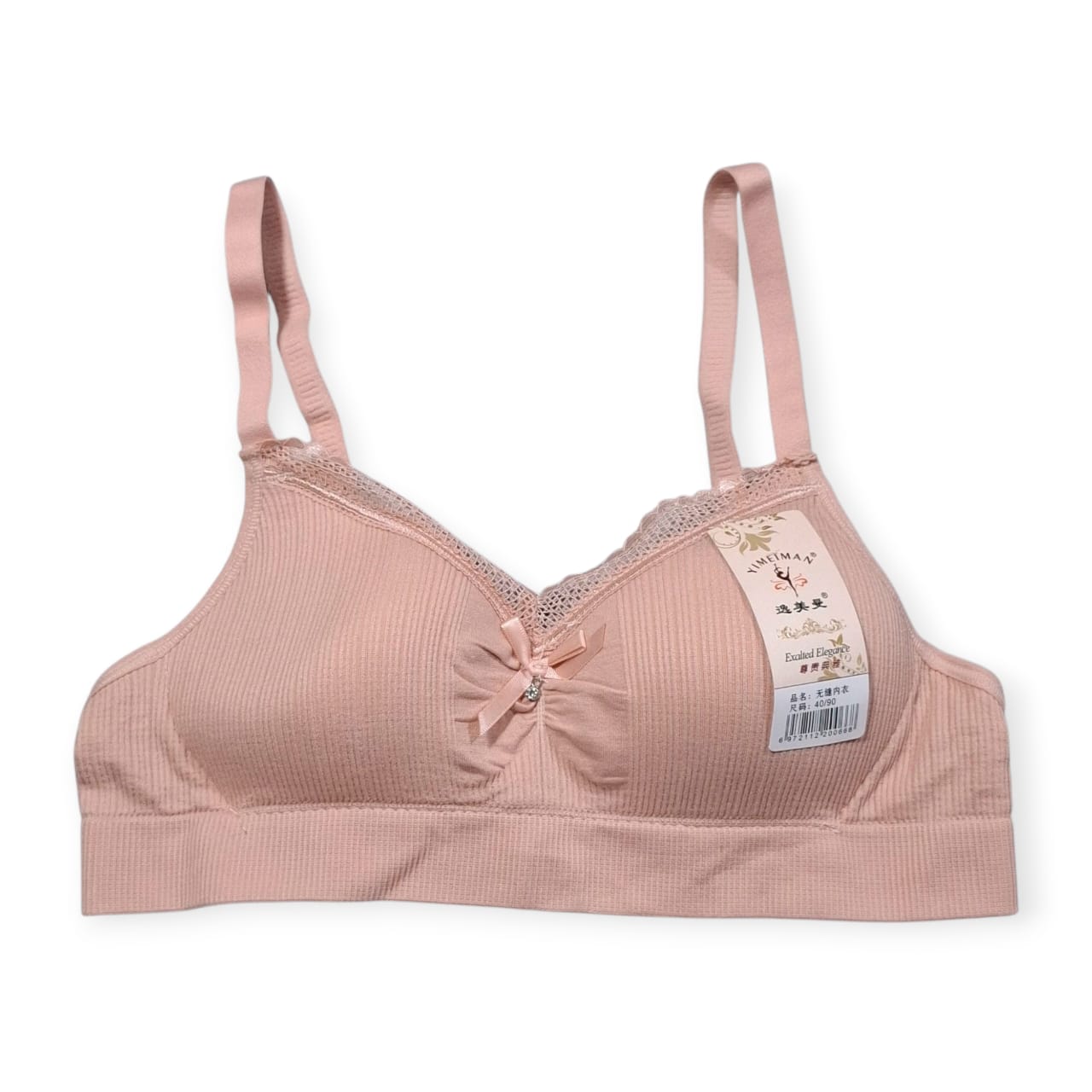 Seamless Ribbed Wireless Bra – Soft Grey Lace Trim with Bow Design